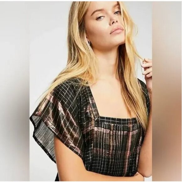 Free People Barcelona Shimmer Plaid Metallic Mini Dress in Black Pockets SP - Picture 12 of 15